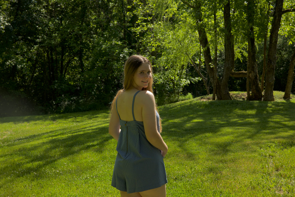 Denim Blue Plaid Romper